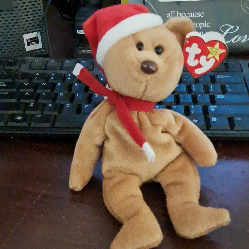 TY Beanie Baby Brown Bear with Santa Hat